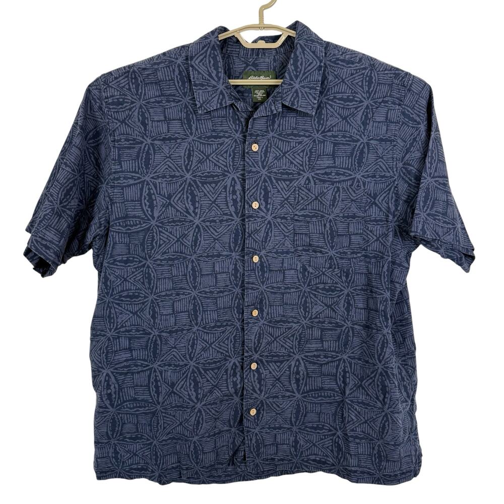 Eddie Bauer Men Geometric Button Up Shirt XL Tall Linen Blend Travel Vacation